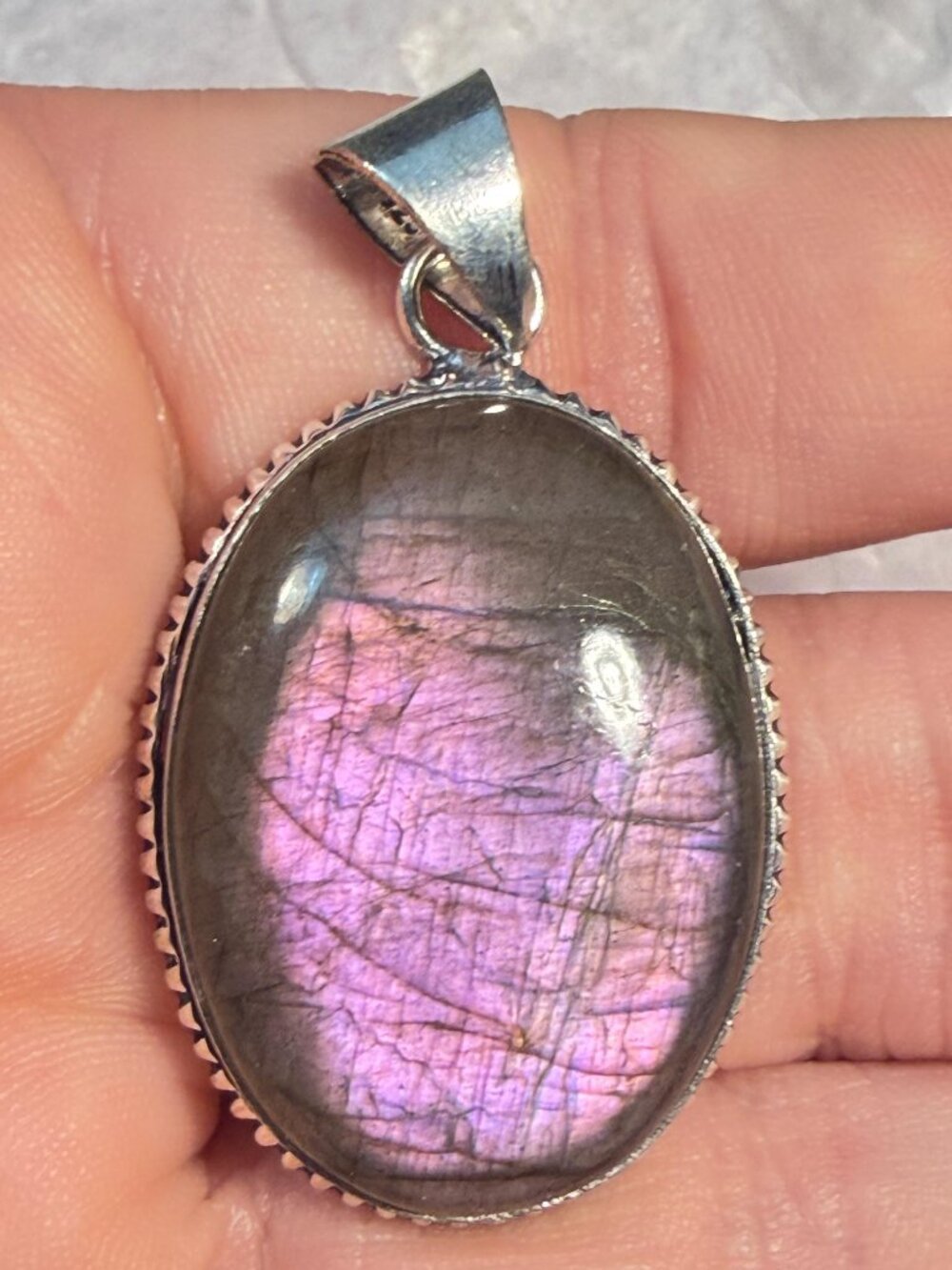 Labradorite Pendant Oval Purple Flash Natural Gemstone Handmade OOAK